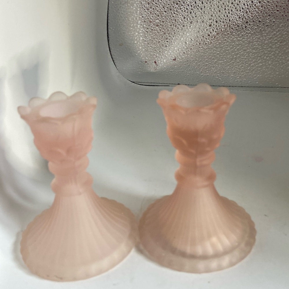 Candle sticks satin pink NWOT never used dated 1998 3.75” tall